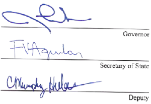 Governor Lombardo, Secretary of State Francisco Aguilar and Deputy SOS Murphy Hebert's Signatures