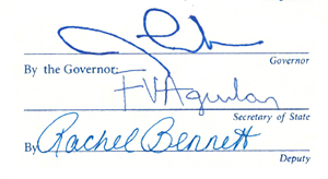 Governor Lombardo, Secretary of State Fracisco Aguilar and Rachel Bennet's Signatures