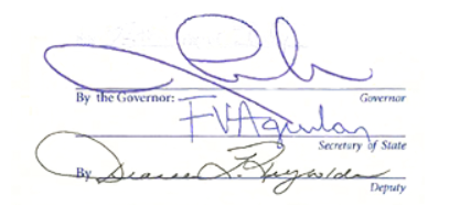 Governor Lombard, Secretary of State Franciso Aguilar, and Deputy SOS Deanna Reynolds signatures